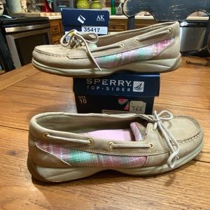 Sperry Laguna Pink/Grn Sequin Tan Leather Slip-Ons